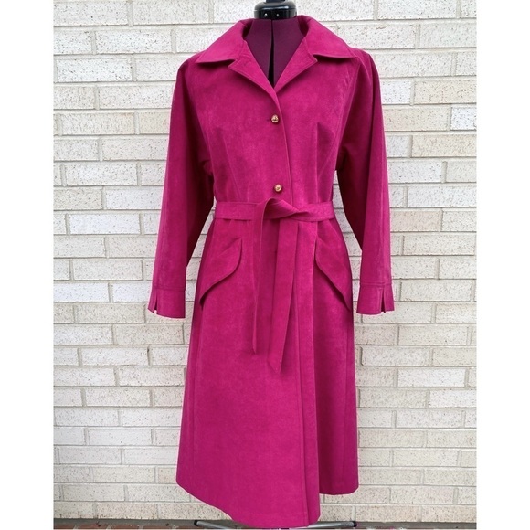 Jackets & Blazers - Vintage Pink Ultrasuede Long Trench Coat Button Down Belt Unique Size 14